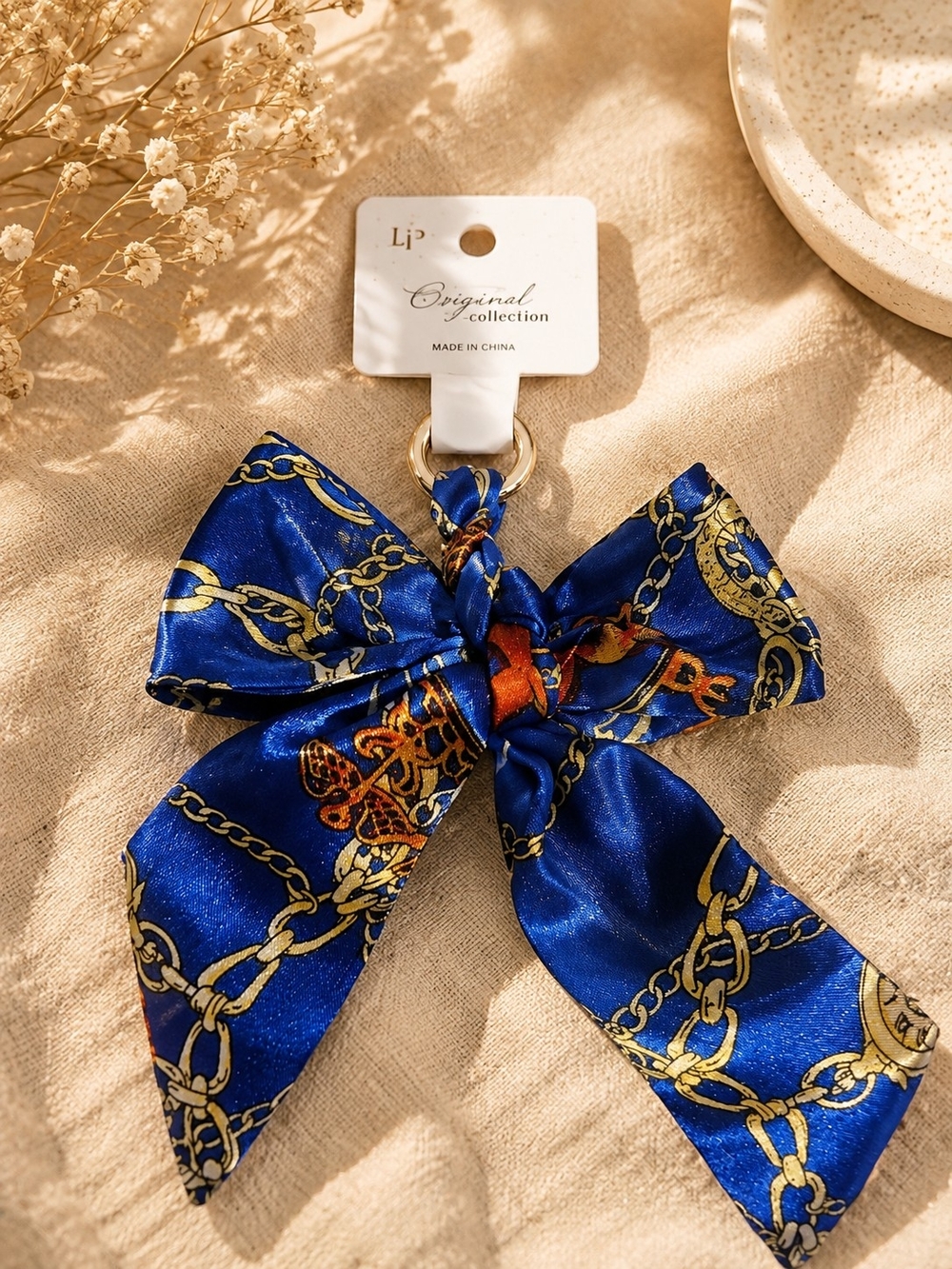 Original Collection Blue Chain-Print Satin Bow Keyring